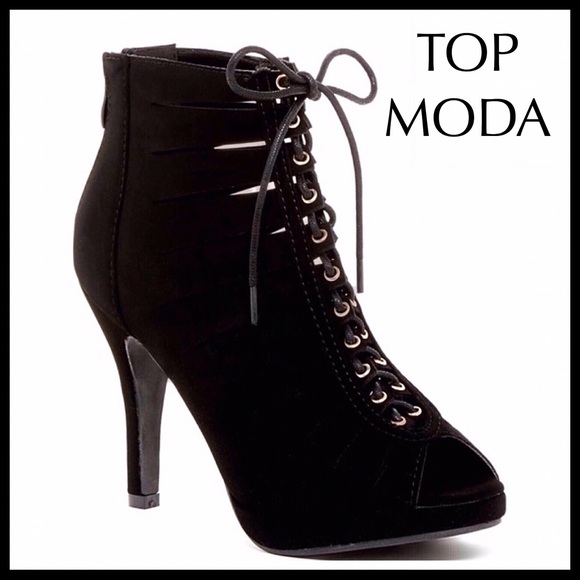 TOP Moda Shoes - BLACK BOOTIES LACE UP PEEP TOE HEELS BOOTS